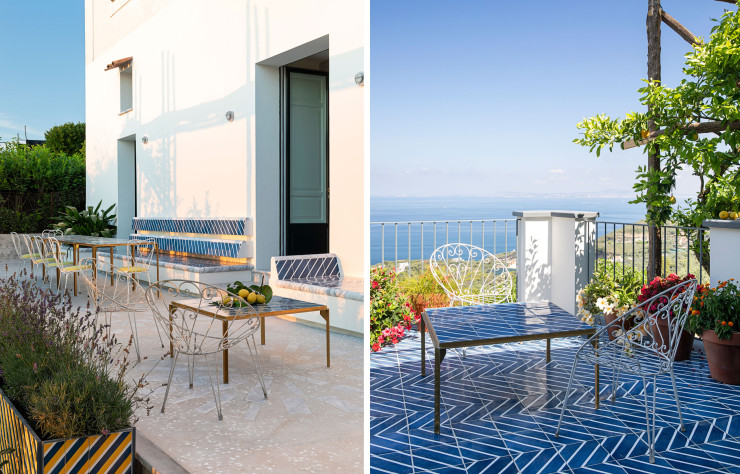 Tables et bancs recouverts eux aussi de carreaux de céramique de Vietri, signés Massimo Adario.