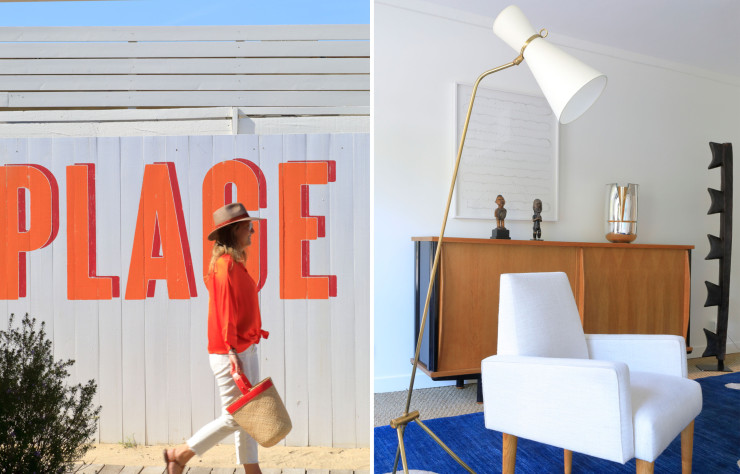 L’an dernier, le designer Sam Baron revampait Bagatelle, l’arrière-plage de Pampelonne (à gauche). / La galerie parisienne Lucas Ratton renouvelle ici chaque été un pertinent crossover (à droite).