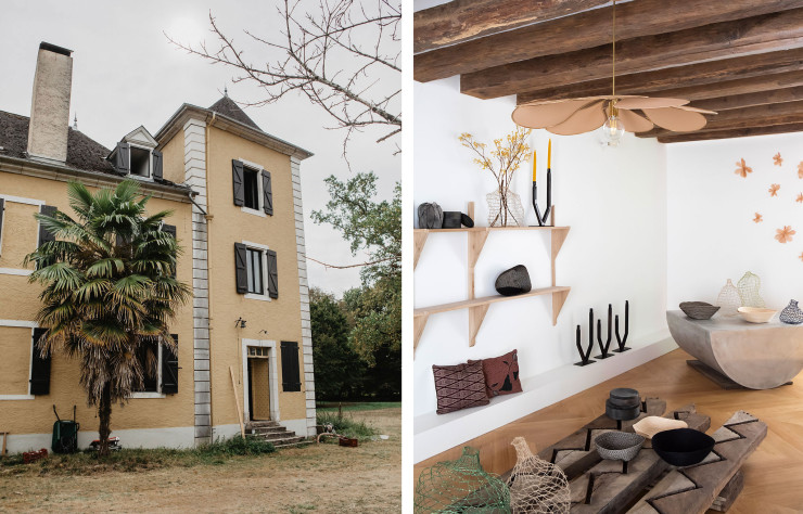 Le château de Méritein, dans le Béarn, abrite le site de production de la marque. Celle-ci s’appuie sur un travail artisanal usant de matériaux naturels locaux. / A droite, showroom parisien.