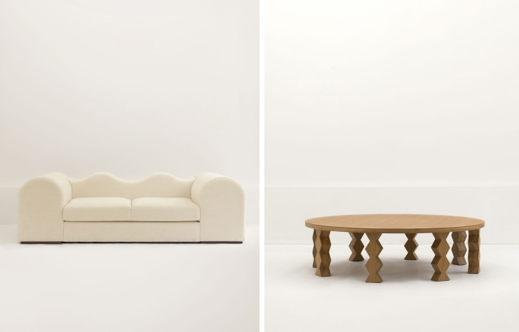 A gauche, sofa Grand Camarat, à droite table basse Prairie.