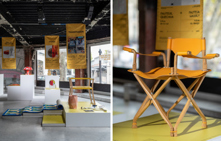 Exposition Pour ceux par le studio de design hall.haus dans l’ancien magasin Tati à Barbès. A droite, le collectif a réinterprété la chaise Quechua.