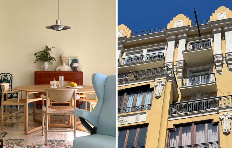 A gauche, salle à manger de la maison d’hôtes, à droite, vue de la façade de l’immeuble valencien.