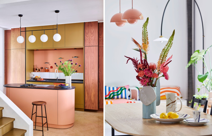 A gauche, la cuisine sur mesure a été dessinée par l’architecte d’intérieur Isabelle Masson et réalisée par Espace AMC. Suspension TR Bulb Frame, design Tim Rundle (Menu). Sur l’îlot central, vase Nuage signé Ronan & Erwan Bouroullec (Vitra). Tabouret de bar Cornet de Jonas Trampdach (Hay). A droite, Vase Feuille découpage de Ronan & Erwan Bouroullec (Vitra). Vaisselle en céramique Jean-Vier x Mapoésie. Suspensions Flowerpot VP1 de Verner Panton (&Tradition). En arrière-plan, lampadaire Hanging n° 2 de Muller Van Severen (Valerie Objects). Coussins Cyclades, Vision et Odyssey (Mapoésie).