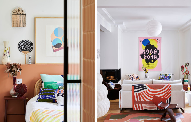 À gauche, la chambre parentale. Suspension Bilbao, fouta Vision, boutis Monolithe et tapis Mélodie (Mapoésie). À droite, toujours à l’étage, dans l’autre partie du salon, aﬃche de Jean-Claude Chianale, le compagnon d’Elsa Poux, pour les 50 ans du Centre chorégraphique national – Ballet de Lorraine. Suspension Rice Paper Shade (Hay). Au dos du canapé, foulard en laine Onirique et tapis Carte postale (Mapoésie). Tabouret Butterﬂ y Stool, design Sori Yanagi (Vitra).