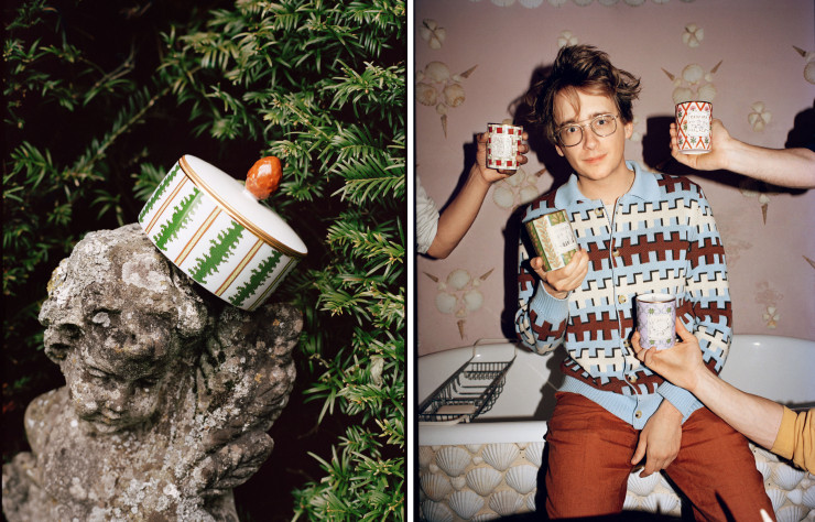 Un pot avec son couvercle aux couleurs de Big Sur et les bougies dessinées par Luke Edward Hall