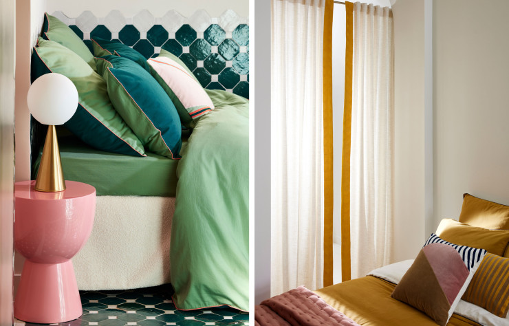 La nouvelle collection printemps-été confectionnée par Madura x GCG Architectes comprend une quinzaine de motifs déclinés en deux palettes de coloris : d’une part, le « récif corallien », à base de rose, de vert, de moutarde et d’argile, des dominantes que l’on retrouve sur les chantiers de l’agence d’architecture ; d’autre part, une palette « à fleur d’eau », à base d’écru, de bleu et d’ocre, afin d’être en accord avec l’univers de Madura. Chaque motif est adapté à une typologie de produits : coussins, rideaux, plaids, linge de lit, couvre-lit, édredon et tapis.