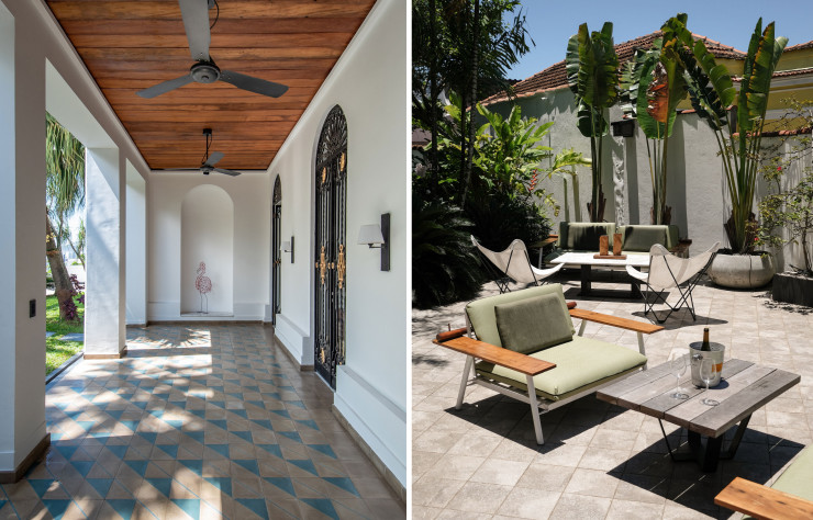 Le porche de l’entrée principale (à gauche). Dans ce salon outdoor, fauteuils et tables ont été conçus par Pierre Beuscher.