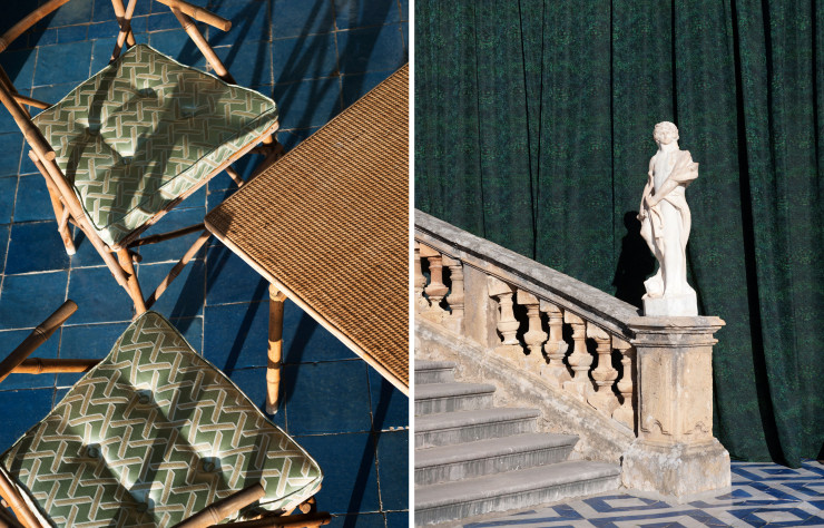 À gauche, le jacquard Volver s’inspire de la tradition japonaise et associe la modernité des couleurs, de la matière et du motif à la technique traditionnelle de la brocatelle. À droite, le jacquard Nenufar à la surface ondulée suggère un jardin impressionniste.