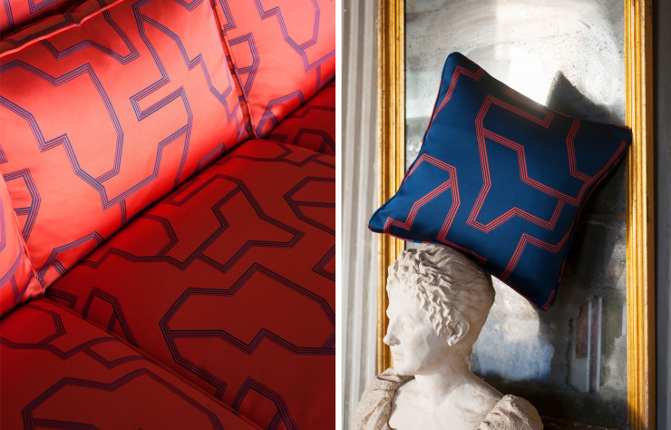 Le tissu double face en coton Andirivieni trace une cartographie abstraite pour des voyages imaginaires.