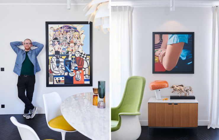 À gauche, l’architecte d’intérieur David Duron dans la salle à manger, à côté d’un tableau de l’artiste franco-italien Herro, qui s’est inspiré du travail de Fernand Léger. Ensemble mobilier iconique Tulip d’Eero Saarinen (Knoll). Vases AM.PM. Suspension PH Artichoke de Poul Henningsen (Louis Poulsen). À droite, sous un tableau de Gérard Schlosser, une Panthère en bronze, d’Arman, et une lampe Snoopy, d’Achille et Pier Giacomo Castiglioni (Flos), sur une console de Florence Knoll (Knoll). Fauteuil Culbuto de Marc Held.