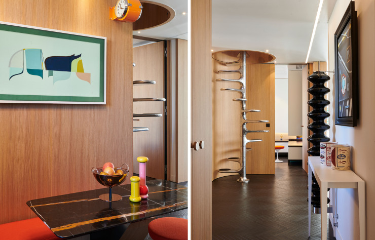 Dans l’entrée, à l’escalier en colimaçon M400 (1966), de Roger Tallon, répond un radiateur circulaire noir Totem (Milano Tubes) et une toile de Peter Klasen.