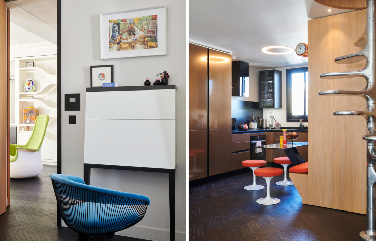 Les architectes d’intérieur (Studio Klein) ont dessiné un secrétaire sur mesure dans la chambre parentale, reprenant le graphisme blanc et noir de tout l’appartement. Devant lui, un fauteuil Platner de Warren Platner (Knoll). Ci-contre Dans la cuisine, ils ont dessiné une table de petit déjeuner fixée à la banquette, qui reprend les coussins orange des tabourets d’Eero Saarinen (Knoll). Pendule vintage Seiko.