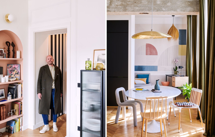 A gauche, l’architecte d’intérieur et designer Xavier de Saint Jean dans l’entrée. À droite, vitrine Trixie (Drawer). Le coin salle à manger s’organise autour d’une Saarinen Dining Table, dite « Tulip », d’Eero Saarinen (Knoll). À gauche, chaise Bold, design Big-Game (Moustache). Devant, chaise J77 de Folke Pålsson (Hay). À droite, chaise Casamania. Au-dessus, suspension Brass 95 en laiton de Paola Navone (Gervasoni).