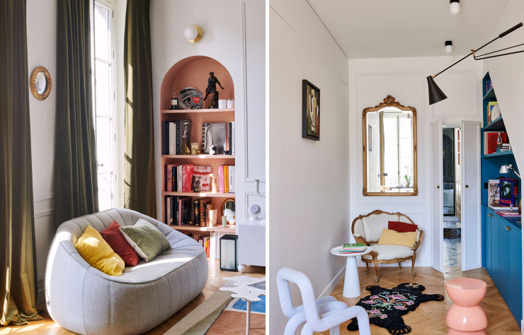 Dans le salon, au-dessus du canapé Ottoman, de Noé Duchaufour-Lawrance (Cinna), un miroir du XIXe siècle chiné. Sur le mur de face, applique Manor (Corep pour La Redoute). Dans le bureau, qui fait aussi office de chambre d’ami, au-dessus du fauteuil de style XVIIIe siècle, miroir doré du XIXe siècle. Devant, table d’appoint Shirel (Kave Home). À gauche, chaise Bold, design Big Game (Moustache) et tableau Les Jolies planches. À droite, tabouret Picolo, d’India Mahdavi, et applique Un bras articulé Jameson (AM.PM). Au sol, tapis Blooming Bear (Doing Goods).