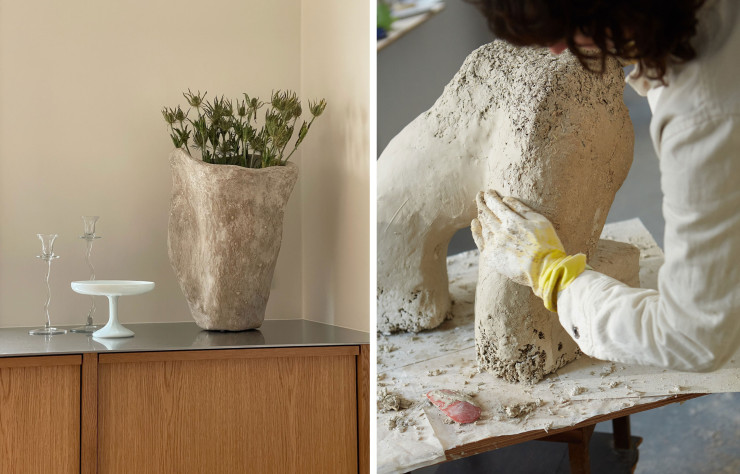 A gauche, vase en chanvre de Kristina Lula. A droite, Yasmin Bawa modèle des luminaires et du mobilier en chanvre.