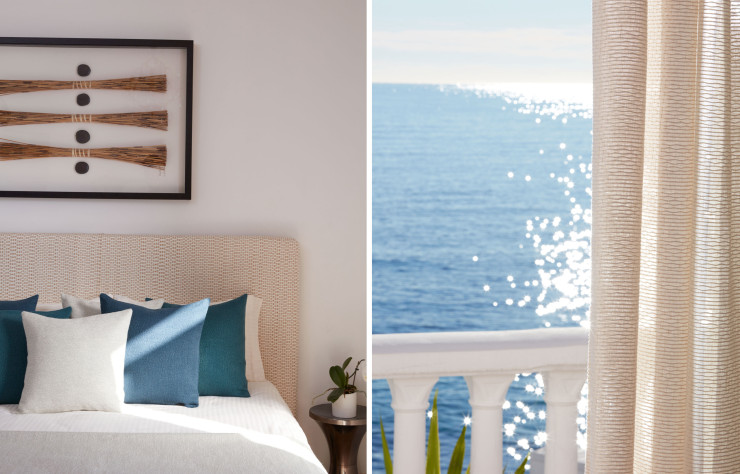 Patch s’invite sur cette tête de lit. Coussins revêtus de Tamaris et de Casabianca.