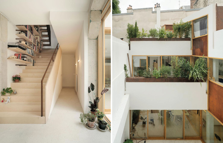 Pour transformer un ancien atelier de métallerie en espaces d’habitation, YUA studio d’architecture a créé un patio, permettant d’installer trois appartements autour. Le projet joue le mix des matériaux : béton, chêne, acier corten, contreplaqué de bouleau et terrazzo. Cette réalisation a remporté le prix de l’Habitat groupé ou alternatif Archinovo 2022.
