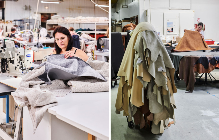 Chaque modèle est fabriqué à la commande et peut être personnalisé. Les couturières préparent les housses sur des machines à coudre qu’il faut parfois adapter en raison du volume des pièces.