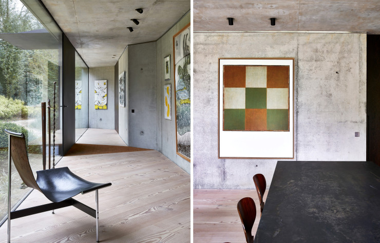 Dans l’entrée, le bois, le béton et le cuir annoncent la volonté de l’architecte de se tourner « vers des matériaux qui ne subiront pas l’outrage du temps, mais se patineront ». Parquet en bois douglas Dinesen. Chaise T, signée William Katavolos, Ross Littell et Douglas Kelley (Laverne International). Œuvres de Barthélémy Toguo et de Dominique Ijak.Dans la partie salle à manger, l’œuvre de Jean-Pierre Pincemin réchauffe le mur en béton. Table Paralog (Triss). Chaises Ant d’Arne Jacobsen (Fritz Hansen).