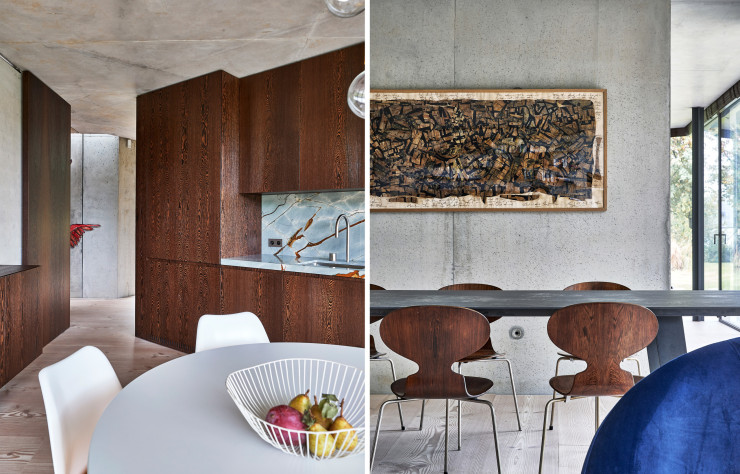 Dans la cuisine entièrement conçue par Bruno Erpicum, le bois investit l’espace avec des meubles en wengé. La crédence et le plan de travail sont habillés de panneaux de quartzite. Table et chaises Tulip d’Eero Saarinen (Knoll).  Côté salle à manger, table Paralog (Triss). Chaises Ant d’Arne Jacobsen (Fritz Hansen). Œuvre d’Ola-Dele Kuku.