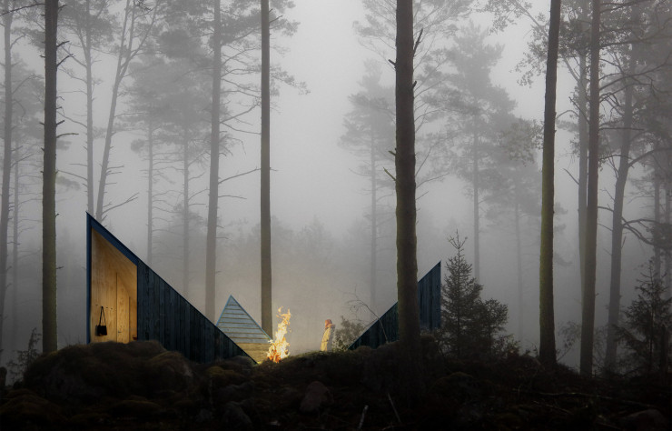 En Lettonie, un abri pour randonneurs présente une disposition en trois entités autour d’un espace extérieur, typique de la configuration des villages du pays. Posée sur un socle en béton armé, cette structure singulière avec des toitures s’étirant vers le ciel, tel un repère dans le paysage, est construite en bois massif protégé en façade par un pare-pluie et un bardage en bois brûlé.
