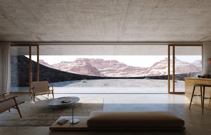 En Arabie saoudite, à Al-Ula, ce lodge à la géométrie minimaliste a été réalisé à partir de la pierre présente sur le site, d’où une intégration parfaite dans l’environnement.