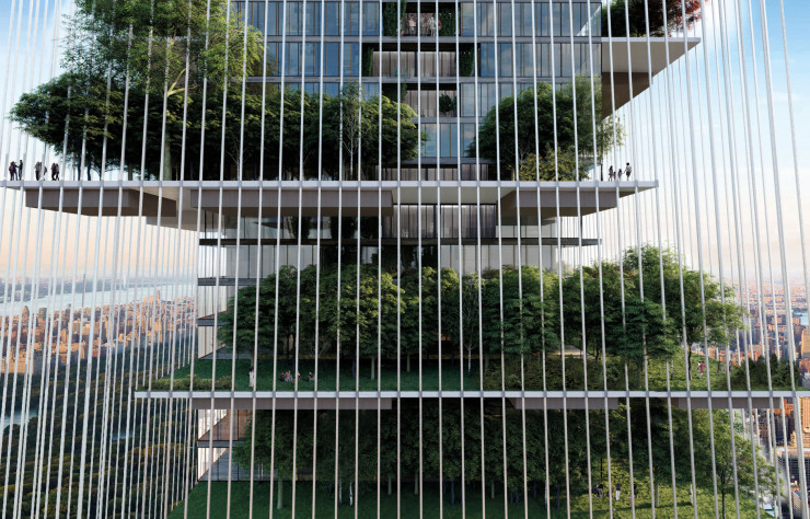 Un rideau de câbles en acier, voué à verdir petit à petit, ceint d’immenses plates-formes prolongeant la tour vitrée centrale. Skylines serait alors tout à la fois une ville, des jardins, une ferme et une forêt…