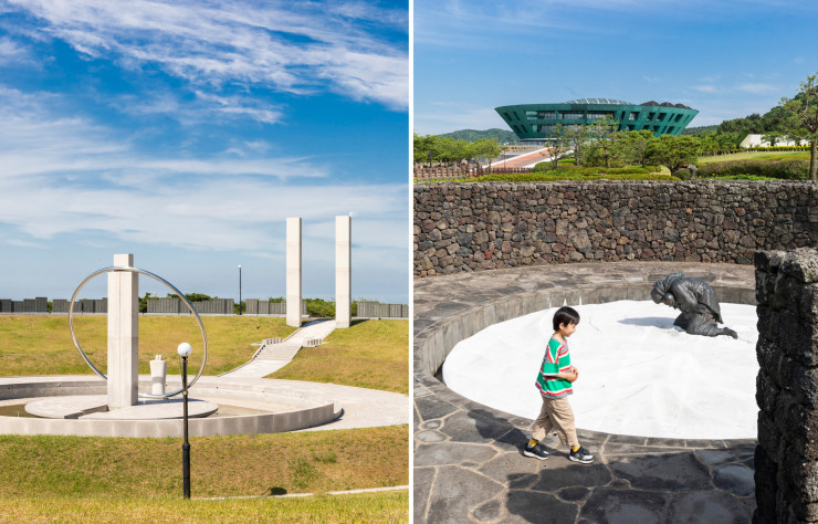 Le 4.3 Peace Park, imaginé par le Space Group, déploie très puissamment un ensemble d’architectures où les rotondités font loi : cercles de pierre volcanique, cône tronqué renversé, demi-disque de béton, le tout parsemé de sculptures doloristes et d’autels. Ce mémorial s’étend sur près de 40 hectares pour commémorer les victimes (jusqu’à 30 000, juste à Jeju) du soulèvement du 3 avril 1948 contre la dictature et la partition nord-sud de la Corée.