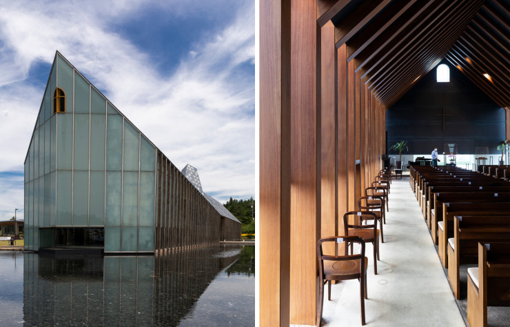 L’architecte japonais (d’origine coréenne) Itami Jun a conçu cet édifice en dialogue avec le ciel et pour cause, c’est une église. Nommée Bangju (« arche », en coréen), elle a l’allure d’une longue grange s’avançant sur un bassin et tendant vers le ciel au niveau de la proue. Le toit est miroitant, tout comme l’eau sur laquelle elle repose, si bien qu’à l’intérieur, dès que le vent se lève et/ou que le ciel change (ce qui dans ce climat subtropical arrive souvent), de fascinantes irisations électrisent la nef.
