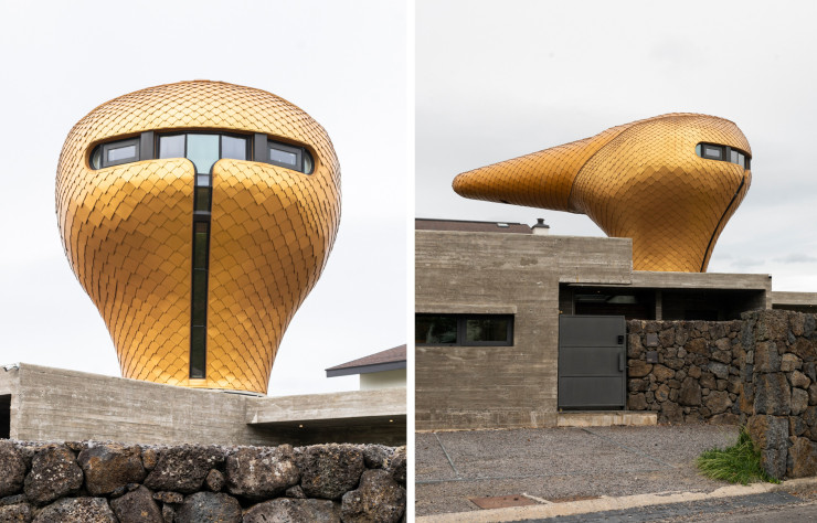 Duck Space, maison d’hôtes de Jeoji-ri, sorte de village des arts de Jeju, consiste en une immense tête de canard (de dos, comme ici, on dirait aussi une tulipe) dorée, écaillée, fichée dans une architecture plus classique et rectiligne faite de béton brut et de pierre de lave. Un édifice pétri d’humour que l’on doit à Moon Hoon, architecte de Séoul qui a fait de la fantaisie sa patte.