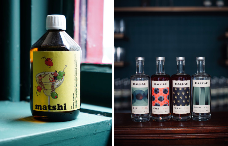 A gauche, création Baccae et The Social food. A droite, sélection de gins et d’absinthe imaginés par Baccae.