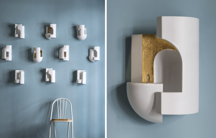 En plâtre – version dorée évoquant le soleil couchant –, ces appliques sont proposées avec une figurine en métal à disposer au gré de ses envies, « comme une projection de soi dans cette architecture », s’amuse le designer.