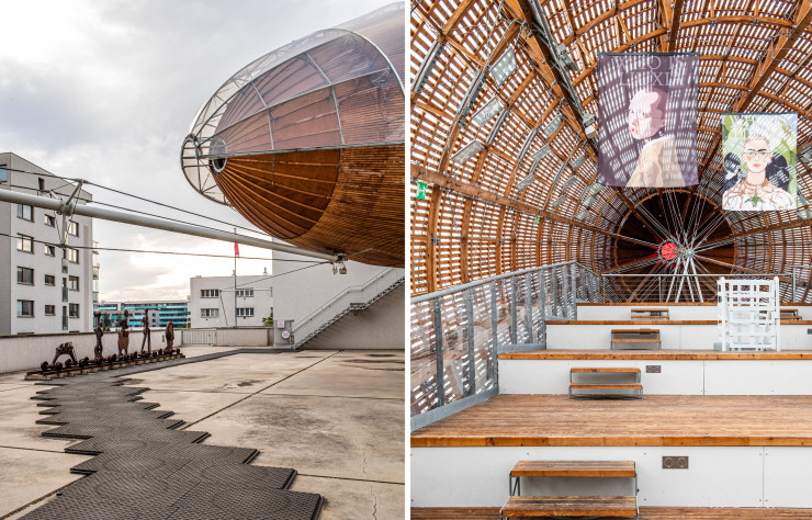 DOX Centre d’art contemporain est coiffé par l’œuvre Gulliver Airship, un zeppelin de 42 m de long, réalisée par le studio Hut’ Architektury Martin Rajniš, qui invite à l’imaginaire.