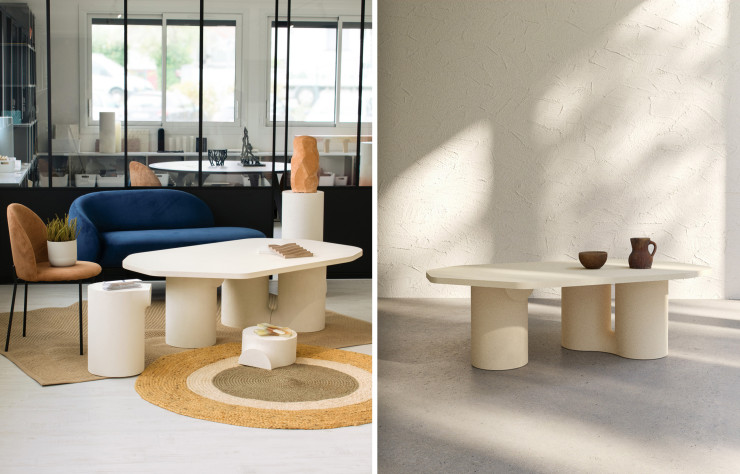 Cogitech commercialise sous le nom de marque Manufacture XXI du mobilier aux caractéristiques peu banales. Comme ici, la Grande table de la collection « Luo » au piétement en mortier et au plateau en aluminium revêtu d’enduit minéral.