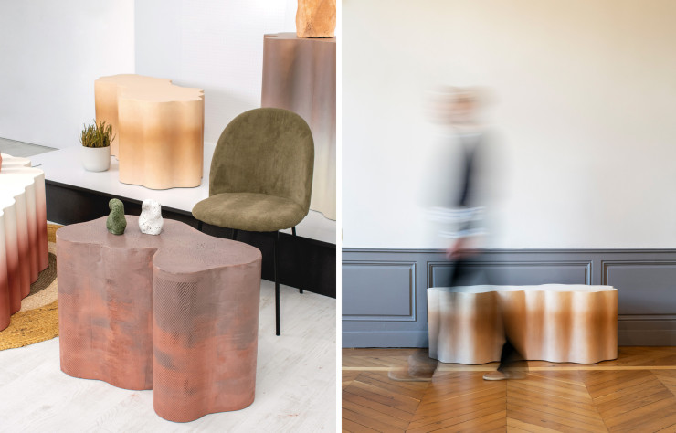 Tables basses ? poufs ?, les « éléments sinueux » et colorés de la collection « Lithos » ont quant à eux une structure en carton industriel enduit de mortier.