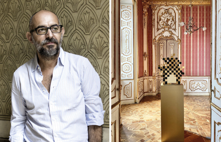 À gauche, portrait de Ferruccio Laviani. Fuorisalone 2022, exposition « Doppia Firma », Ferruccio Laviani présente avec l’artisan Leone Villari Littargicous une sculpture en métal et en porcelaine, inspirée de l’échiquier or et sable de l’écusson ducal des Litta. 