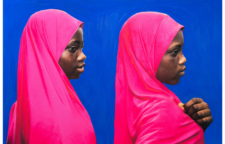 Les couleurs éclatantes de ce portrait qui mêle image photographique et peinture font ressortir les jumelles qui le composent.