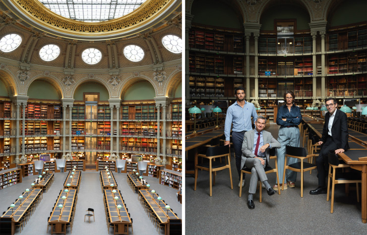 Orria est l’œuvre du designer Patrick Jouin (à droite). À ses côtés, l’éditeur Eñaut Jolimonde Haraneder, P-DG d’Alki, Hervé Lemoine, directeur du Mobilier national, et Laurence Engel, présidente de la BnF.