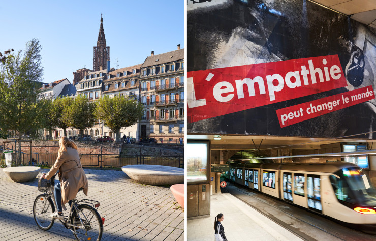 Le quai des Bateliers, désormais fermé à la circulation automobile, et d’où l’on aperçoit le clocher – unique – de la cathédrale Notre-Dame de Strasbourg. À droite, le message bienveillant de l’artiste Barbara Kruger à travers son œuvre L’empathie peut changer le monde, installée depuis 1994 à la gare de Strasbourg sur la ligne A du tramway, dans le cadre d’une commande publique.