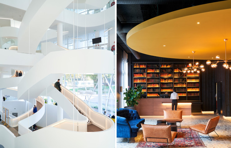 Tout dernier équipement de l’Université de Strasbourg, Le Studium, signé de l’architecte Jean-Pierre Lott, réinvente le concept de bibliothèque en abritant divers services de la vie étudiante. À droite, le lobby de l’hôtel Léonor fait vite oublier l’affectation précédente – un commissariat de police – de cet édifice historique du centre-ville. L’architecte Jean-Philippe Nuel livre ici un véritable cocon d’hospitalité.