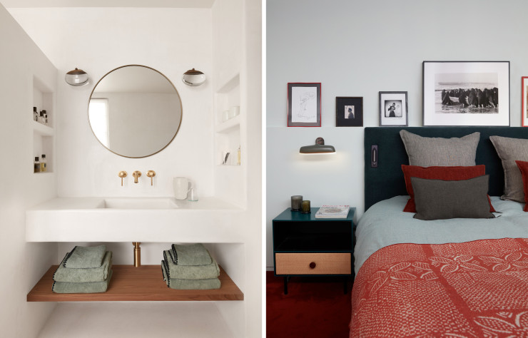 Dans la salle de bains, miroir Zara Home. Appliques en laiton brossé Gaia (Ochre). Robinetterie Pau en laiton (Living House). Dans la chambre, applique Kérame (AM-PM) et veilleuse Chelsom. Coussins et dessus de lit Maison de Vacances. Tête de lit en tissus Le Cuona. Moquette de la maison Pinton. De gauche à droite, dessin de Wolinski, portrait de Jean Cocteau par Man Ray, photo de boxeur de Malick Sidibé et photo de femmes iraniennes en bateau de Shirin Neshat.