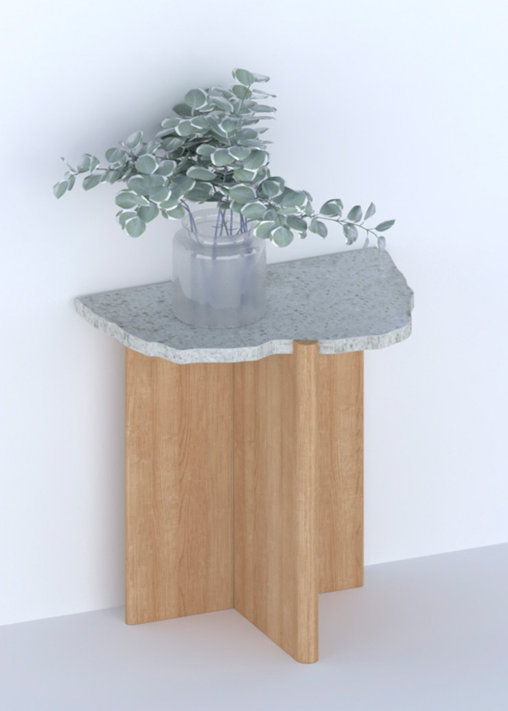 Imaginée par Donia Ouertani et Nolwenn Michea (Foghar Studio), la table d’appoint Dryade réunit bois brut et un matériau composite réalisé avec des feuilles mortes et une base minérale ajoutée à un liquide acrylique aqueux sans solvant ni composés organiques volatils (COV).