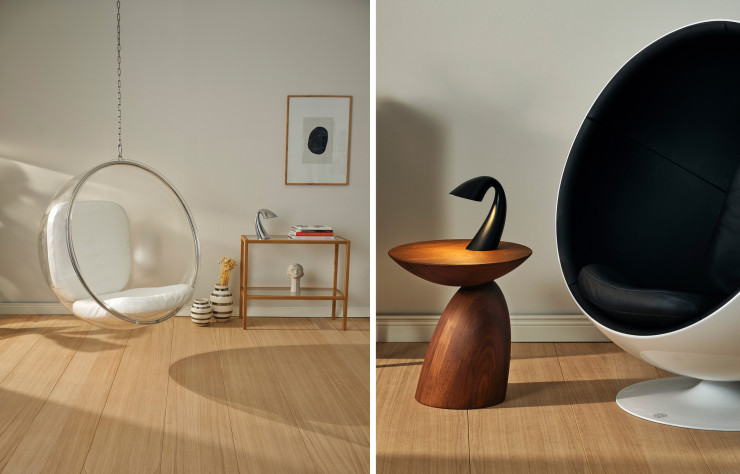 A gauche, fauteuil Bulle d’Eero Aarnio, à droite, fauteuil Ballon