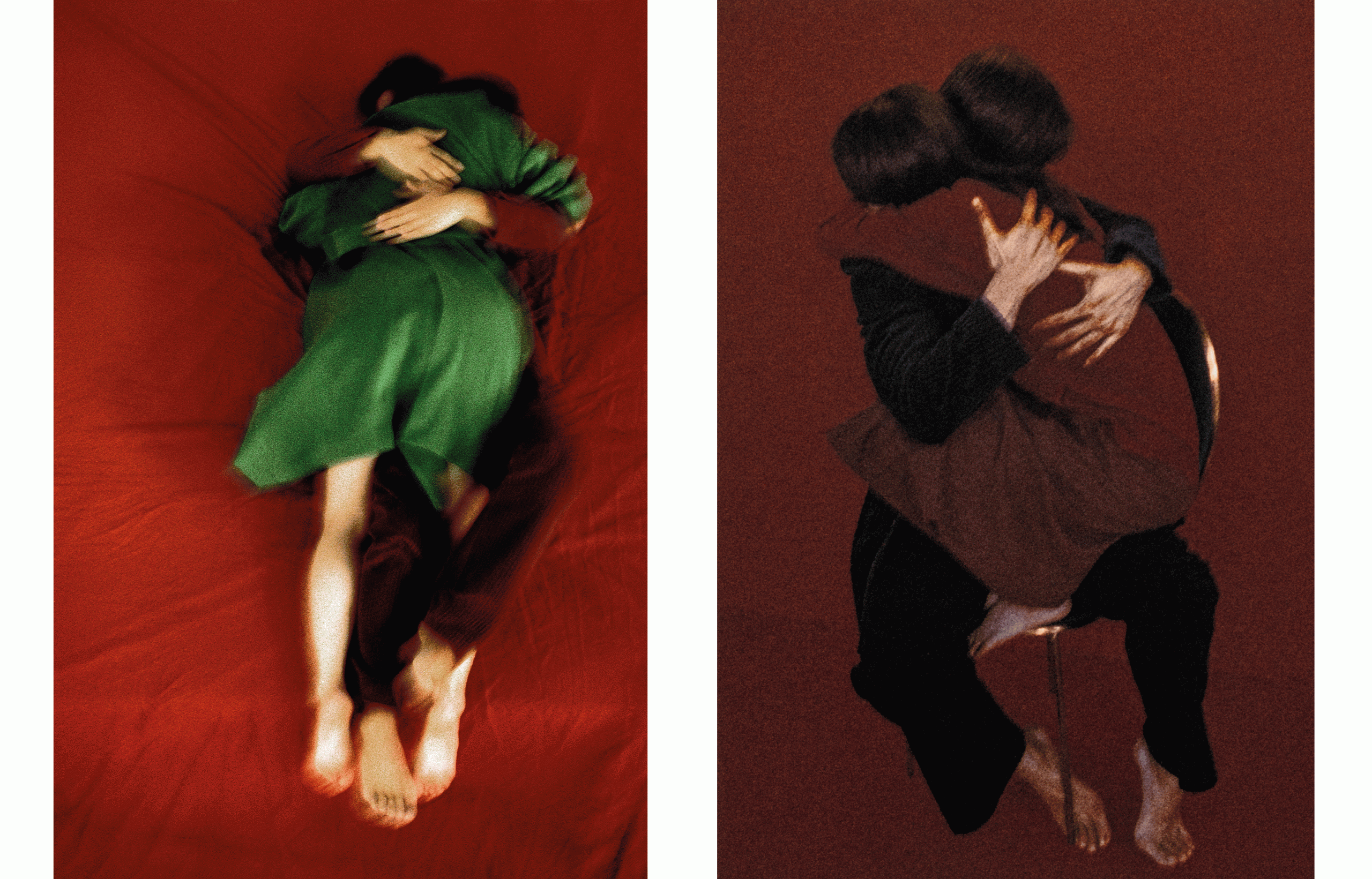 Ces deux clichés, issus de la série « Lovers » (2021-2022), dépeignent avec délicatesse et intensité des étreintes amoureuses.