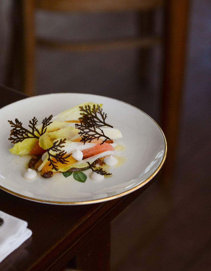 Endives, amandes, algues et pomélo