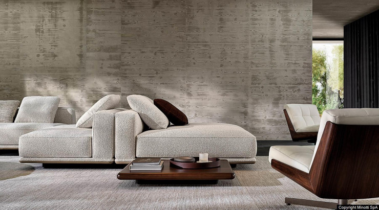 Le système de sièges modulaires Horizonte est le résultat d’une vision architecturale claire : un trait déterminé, surélevé de sept centimètres du sol grâce à une plinthe en métal peint en noir mat . Minotti