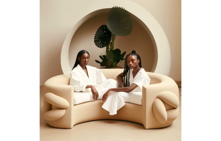 Nous avons demandé à Midjourney de créer un canapé dans le goût de Jacquemus, sans plus de détails. Afin de proposer une image réaliste, le logiciel a ajouté deux modèles dont les mains sont extrêmement longues … et qui n’ont pas de jambes. Une façon de détecter les images factices !