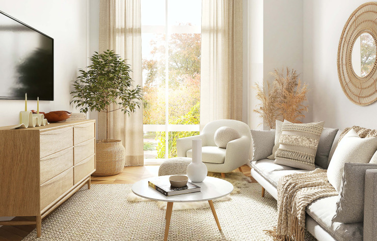 Un salon cocooning naturel et apaisant, où le blanc et le bois se marient harmonieusement