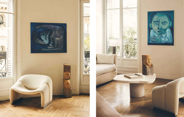 Deux toiles de Maxime Testu (« Prélude au yatch » / « Pour l’artiste et l’entretien ») associées aux sculptures en chêne massif de Valentin Abad, dotent quant à elles l’esprit minimaliste et historique des lieux d’une palette de couleurs bleues et d’une certaine légèreté.