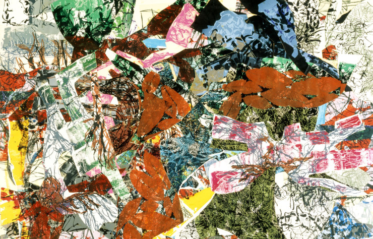 Grande Chute (1967), de Jean-Paul Riopelle, acrylique sur lithographie marouflée sur toile, 130 x 162 cm. Collection particulière.